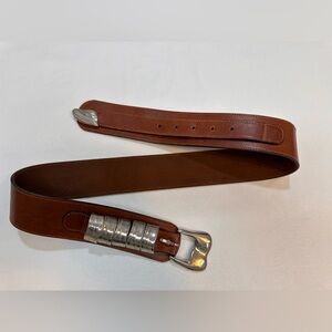 Vintage Onyx Brown Leather Belt with Silver Tone 5- Piece Ranger Buckle Set